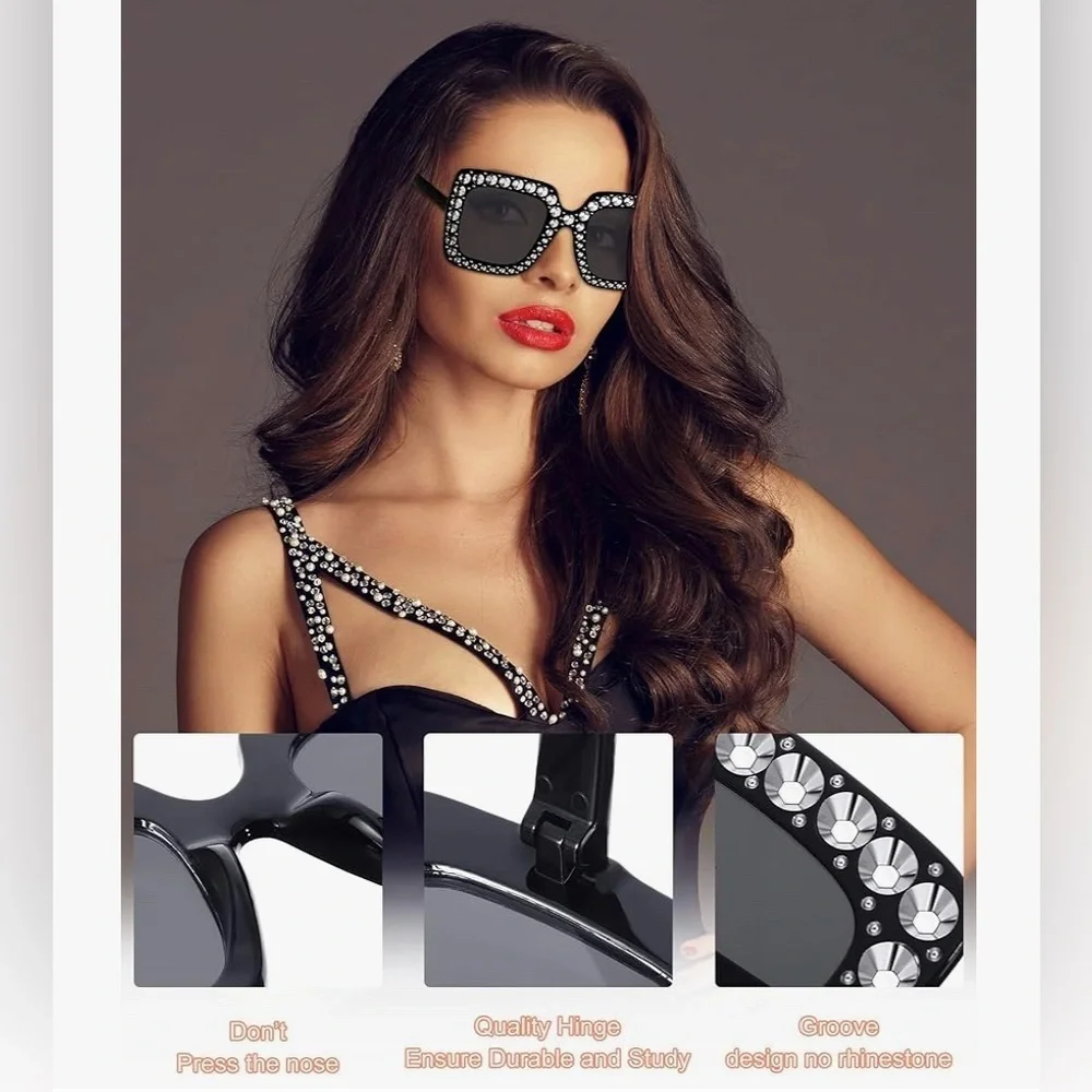 Sparkly, Fluted Rhinestone Rimmed Sunglasses, Black, Silver